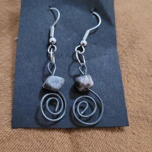 Boho Spiral Wire Wrapped Earrings - Rough Gray Speckled Stone Drops